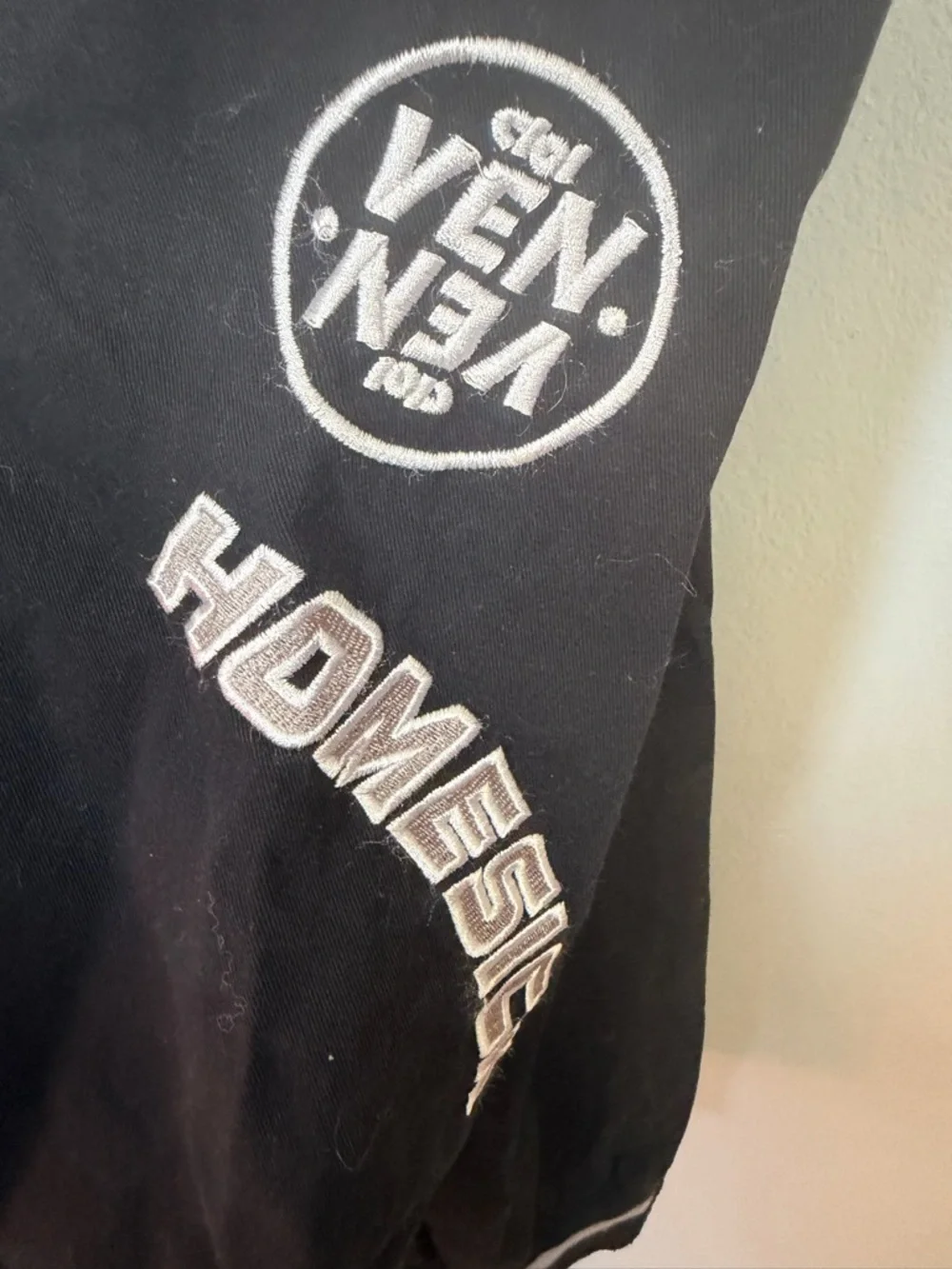 Men's Black Graphic Bomber Jacket with White Embroidery - Picture 9 of 12